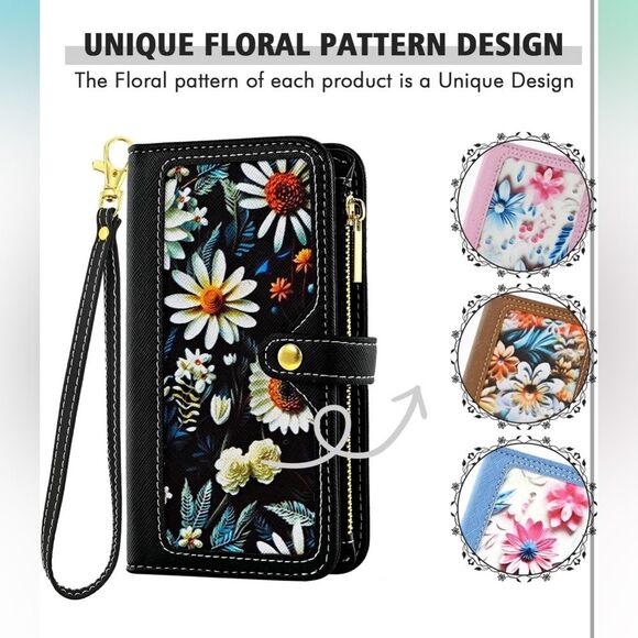 Samsung Galaxy A14 M14 5G Wallet Case Floral Wristlet Black Card Holder FC5 - Picture 6 of 8